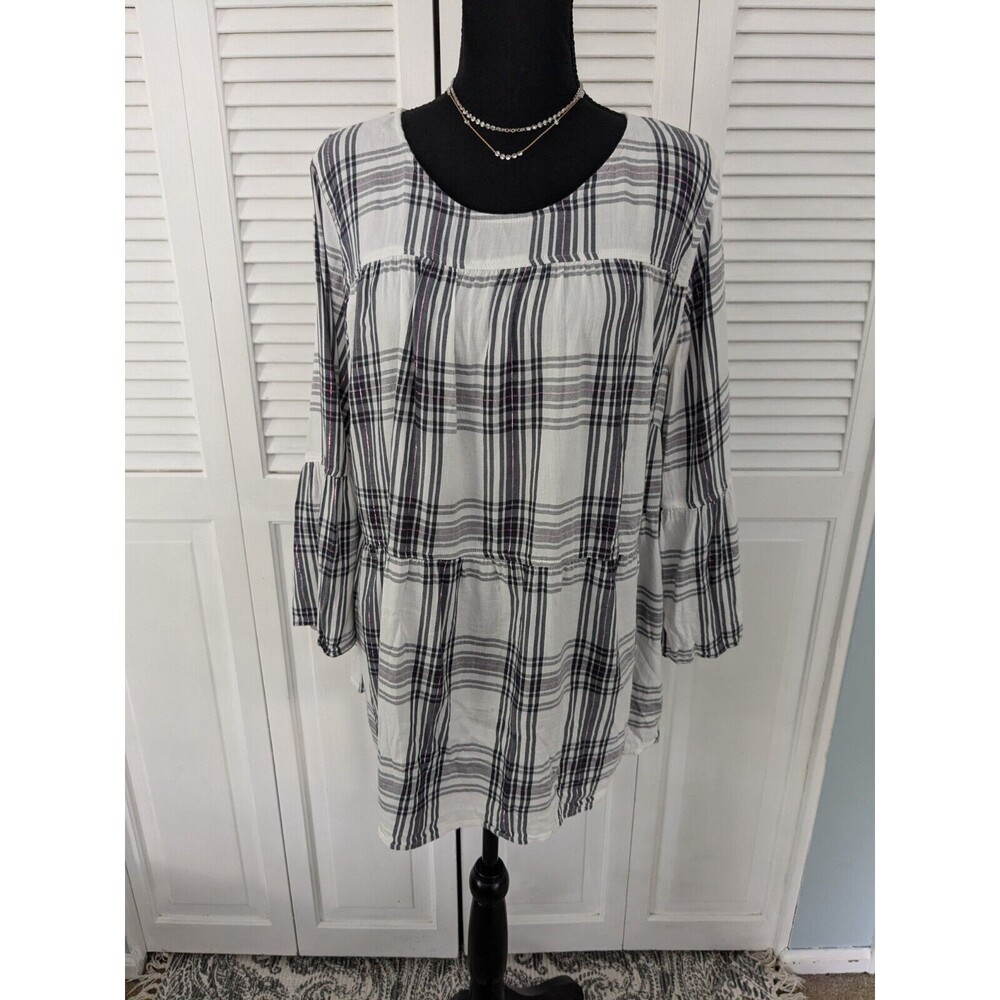 EVRI Top Women 1X Babydoll Bell Sleeve White Purple Black Modal Plaid Bohemian